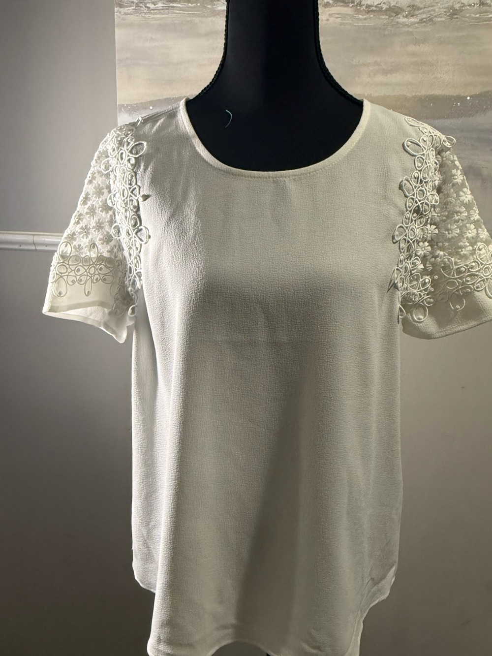 Andrew Marc White Short Sleeve Top with Lace Embroidered Sleeves